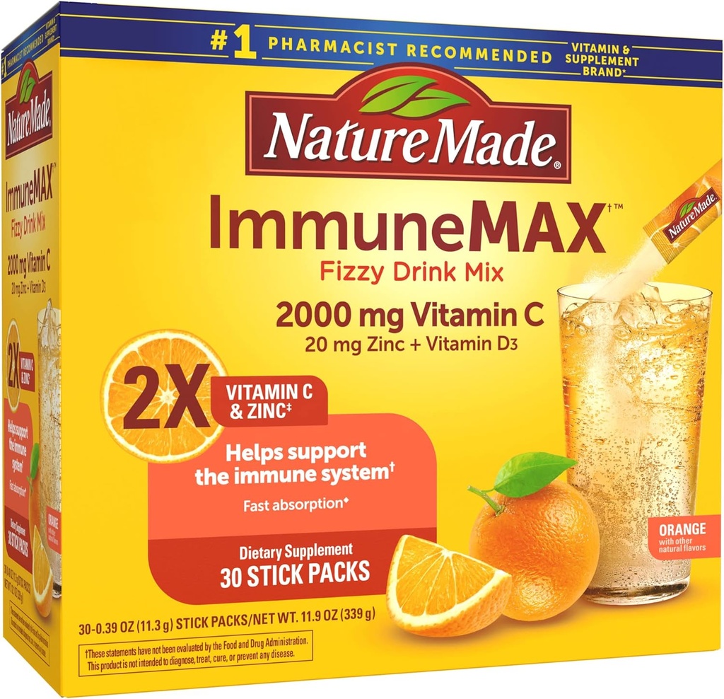 Nature Made ImmuneMAX Fizzy Drink Mix, med C-vitamin, D-vitamin og Zink supplement til immunforsvar, hurtig Absorption, 30 Stick Pakker, 0.4 Ounce