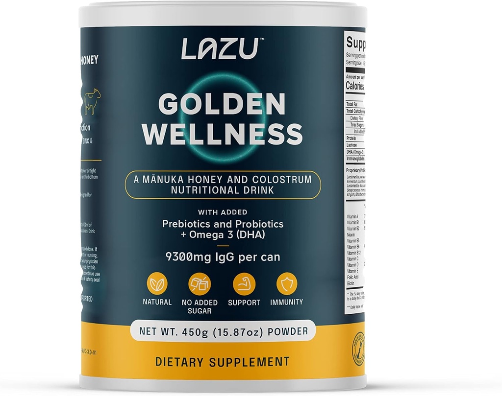 Lazu Golden Wellness Colostrum Supplement, Grass- Fed Bovine Colostrum Powder (310mg IgG & lactoferrin), NZ Monofloral Manuka Honey (200MGO), Vitaminer fremmer Gut Health & Athletic Performance - 450g