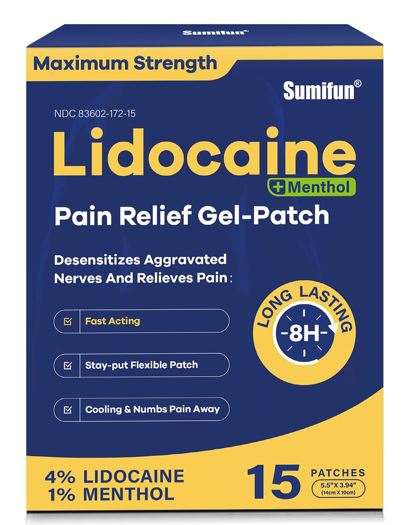 Sumifun 4% Lidocain Patches Plus 1% Menthol - 15 Tæller maksimal styrke OTC smertelindring Patches til tilbage Ache Stiff Neck fælles smerte muskel ømhed tematisk analyse