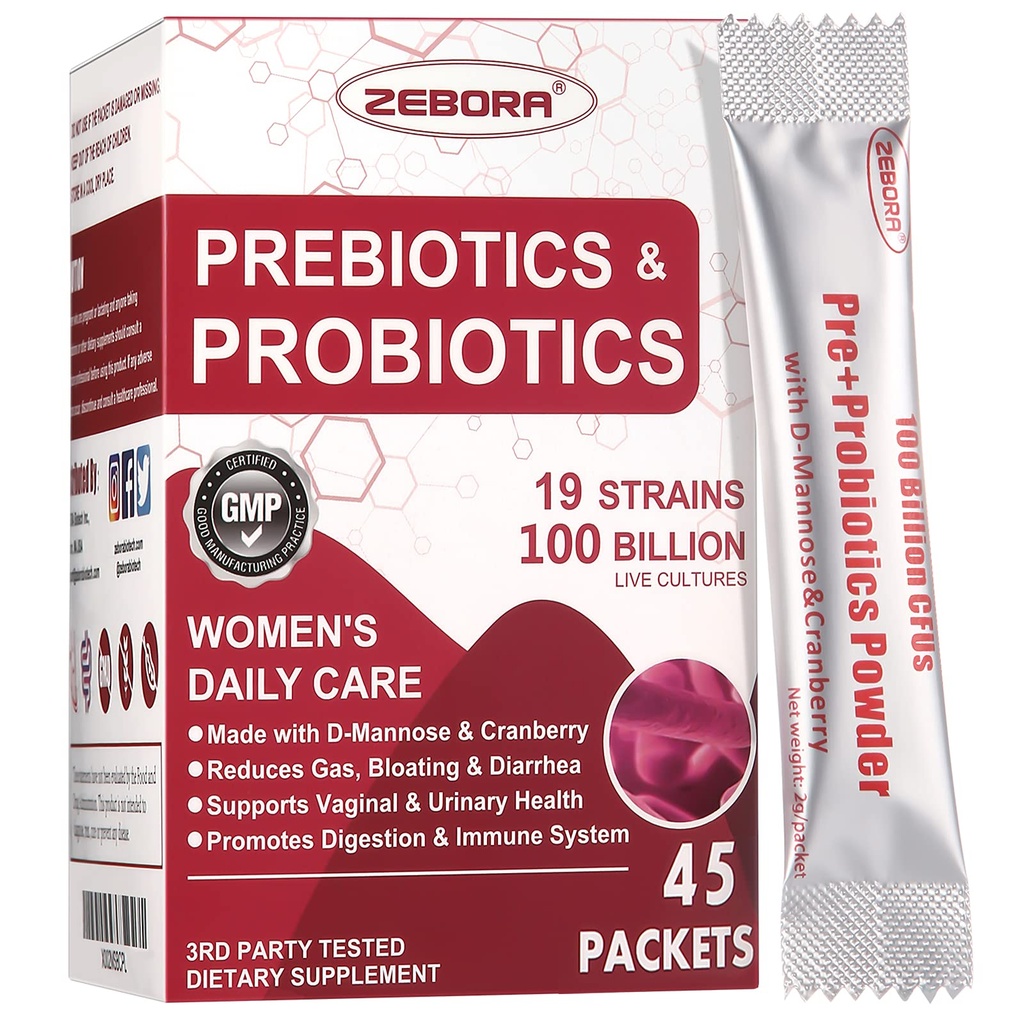 ZEBORA Probiotika-for- Kvinder 100- Billion- CFU 'er med Prebiotika, D- Mannose & Cranberry til fordøjelsesbesvær, immunforsvar, Feminin UT Health Support, Ultimate Probiotic Women' s Care, Soy & Gluten Free, 45 pakker
