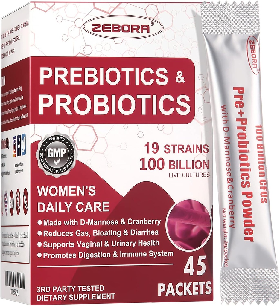 ZEBORA Probiotika-for- Kvinder 100- Billion- CFU 'er med Prebiotika, D- Mannose & Cranberry til fordøjelsesbesvær, immunforsvar, Feminin UT Health Support, Ultimate Probiotic Women' s Care, Soy & Gluten Free, 45 pakker