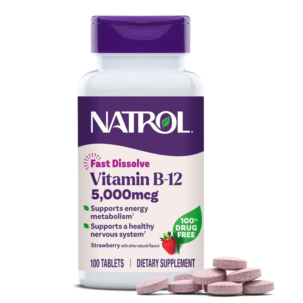 Natrol Vitamin B12 5.000 mcg, Hurtig opløsning Vitamin B12 Supplement Understøtter en sund nervesystem og energi Metabolisme, 100 tabletter, Op til en 100 dages forsyning