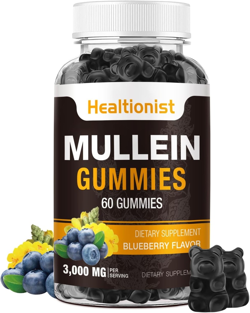 1 Pack Sugar Free Mullein Gummies - Lung Cleanse, 3000MG Mullein Supplement for Luftveje, Organic Mullein Drops Gummy med Quercetin & Bromelain for Lung, fordøjelig sundhed & immun90Ct