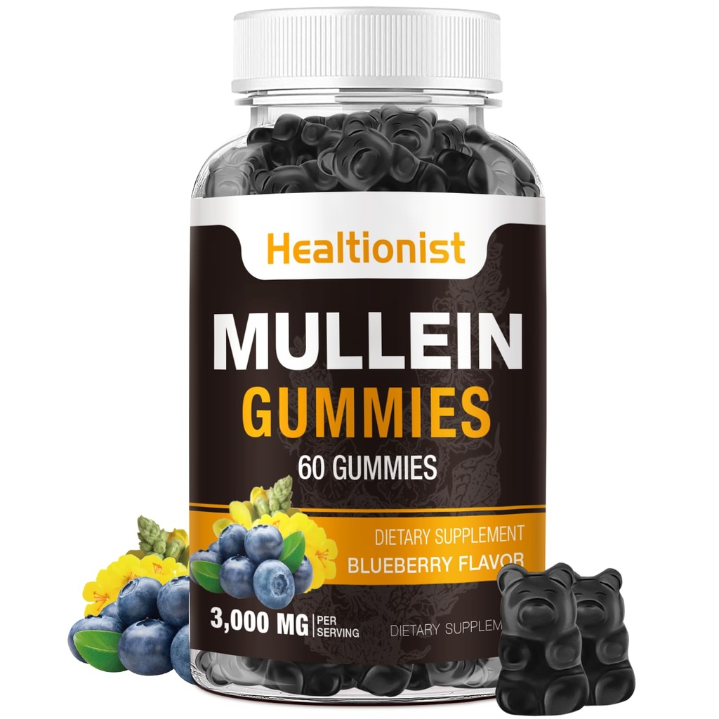 1 Pack Sugar Free Mullein Gummies - Lung Cleanse, 3000MG Mullein Supplement for Luftveje, Organic Mullein Drops Gummy med Quercetin & Bromelain for Lung, fordøjelig sundhed & immun90Ct