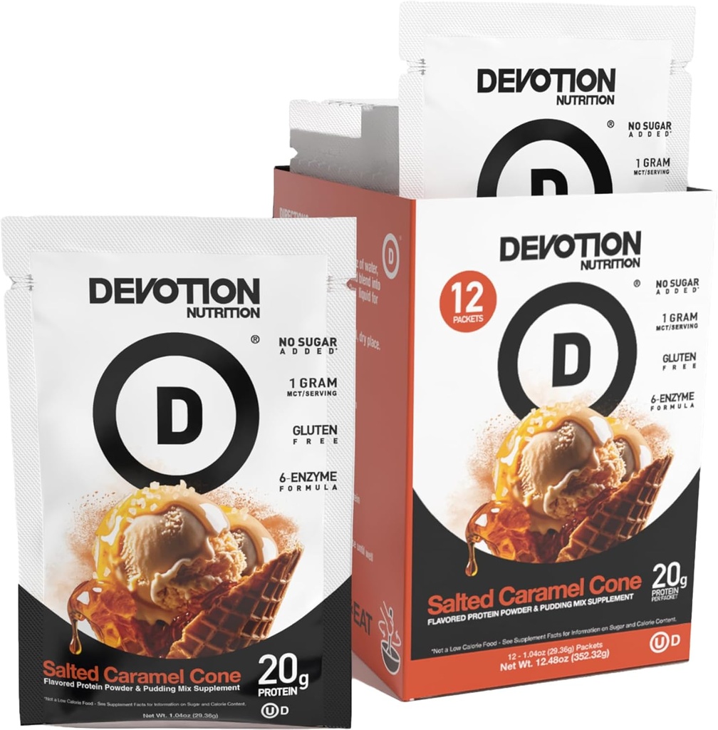 Develotion Nutrition Protein Powder Blend Budd124; Gluten Free, Keto Friendly, No Added Sugars Budd124; 1g MCT Budd124; 20g Whey & Micellar Protein Budd124; 12 Count Packets (Saltet Caramel Cone)