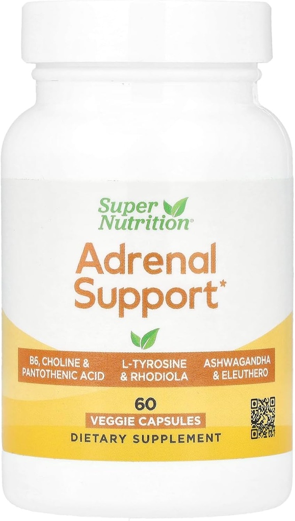 Super Nutrition Adrenal Support med L- Tyrosine, Rhodiola Extract, Ashwagandha Extract, og Eleuthero Extract, 60 Veggie Kapsler