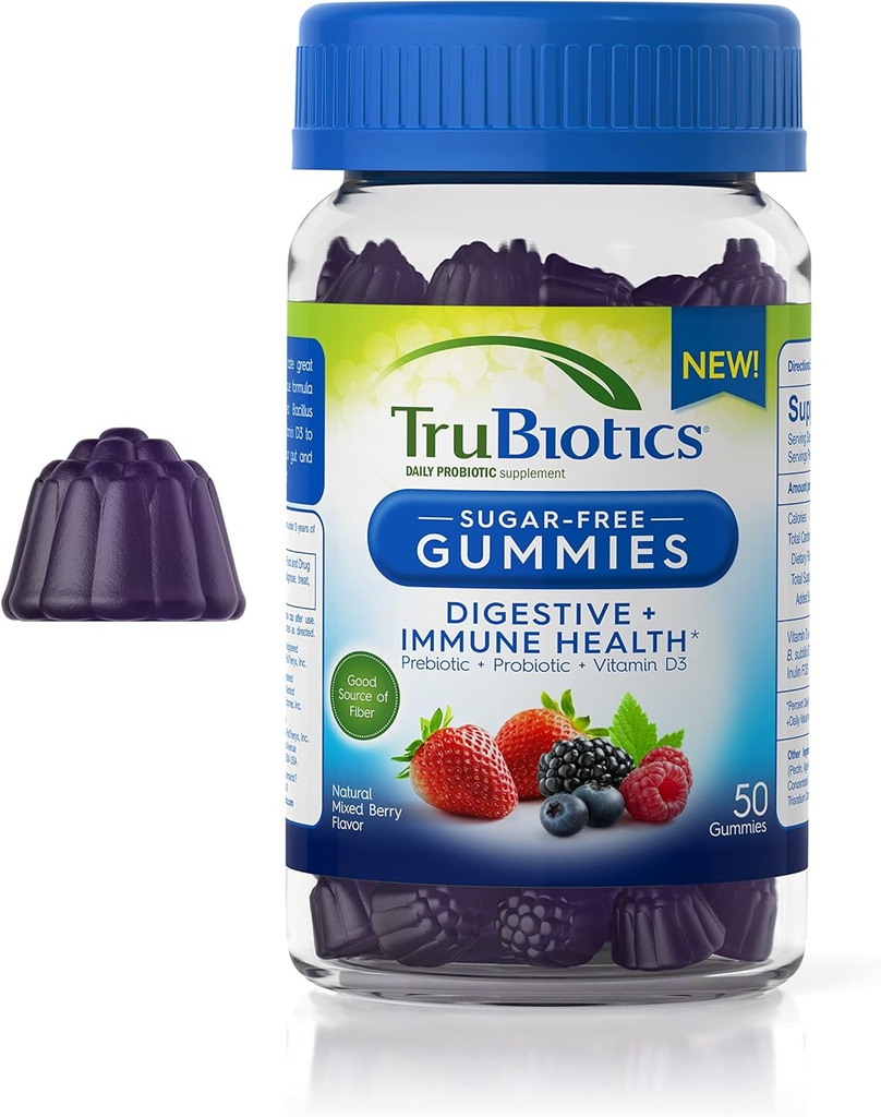TruBiotika Probiotiske Gummier med Prebiotika & D3- vitamin, Sugar- Free Gummy til mænd og kvinders fordøjelse og immunforsvar, understøtter regularitet & hjælper Relieve Minor Abdominal ubehag, 50 Gummies
