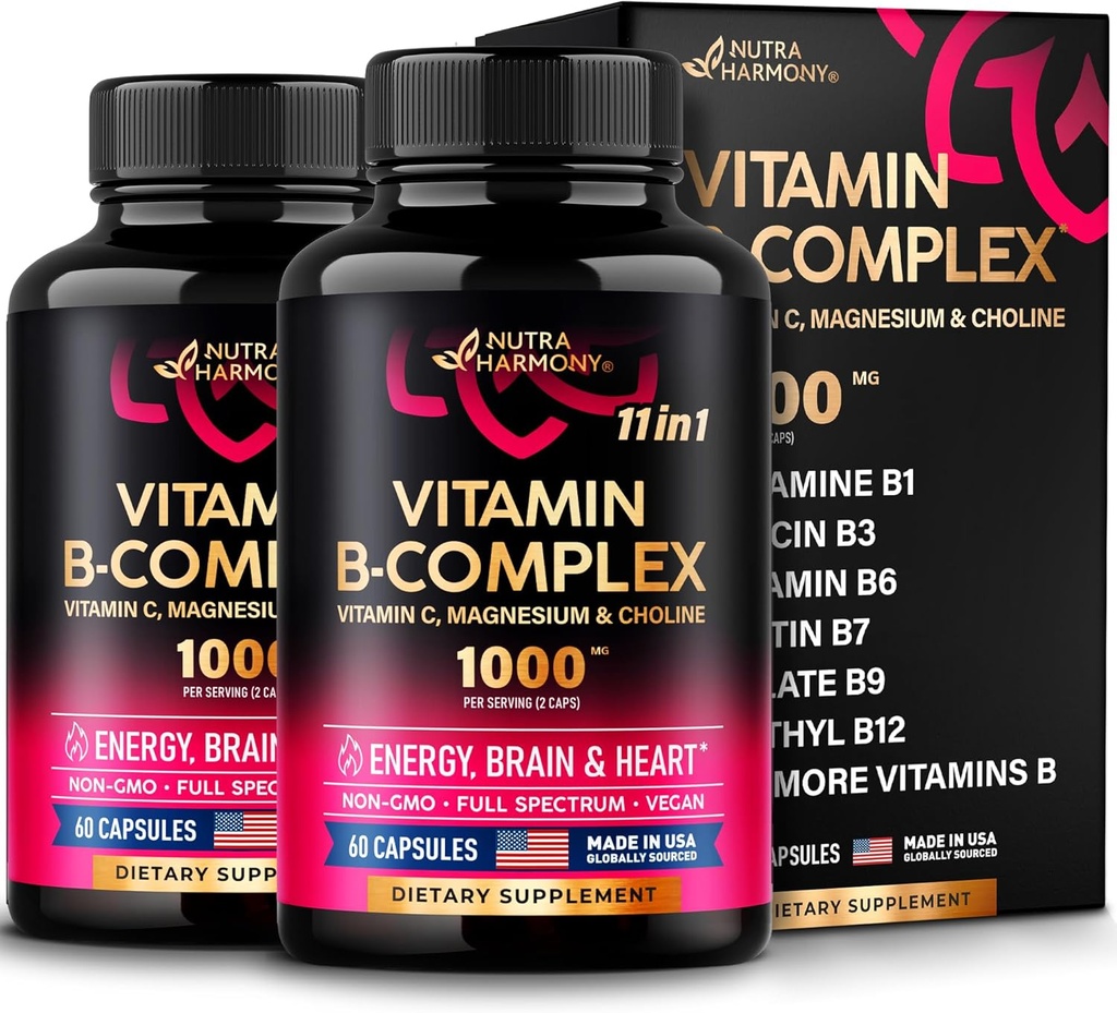 Vitamin B Complex for mænd og kvinder - Made in USA - 11-in-1 B- Complex: B1, B2, B3, B5, B6, B7, B8, B9, B12 med C-vitamin, Cholin, Inositol - Energy, Brain & Heart Support Supplement - Pack of 2