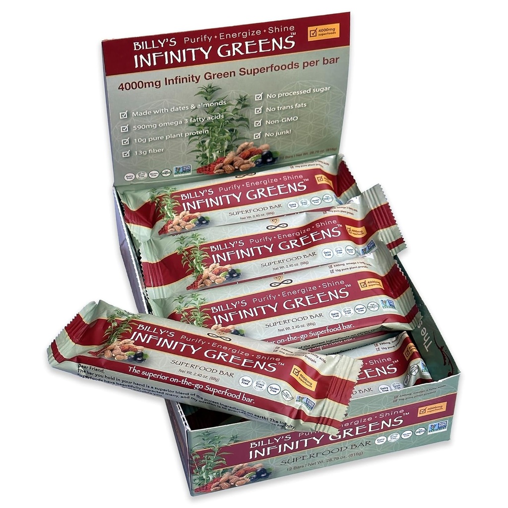 Infinity Green Superfood Bars, Plant Based Meal Erstatning Bar med Infinity Green Superfood Powder, Organic, Raw, Gluten Free, Non GMO (12 Bars)