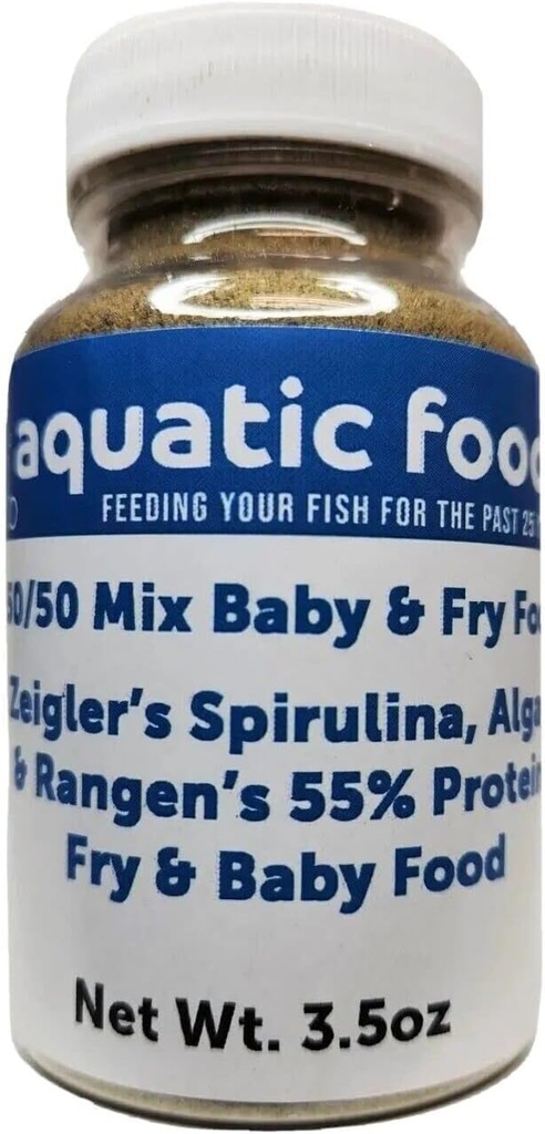 Aquatic Foods Inc. 50 / 50 Mix Spirulina / Alger Powder og Rangens Soft Fuist 55% Protein Koi & Tropical Fish Fry Floating Food... 3.5oz Flaske