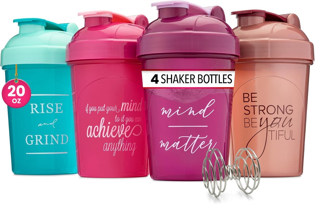 GOMOYO [4- Pack] 20 oz Protein Shaker Flasker â 124; Kvinders Shaker Cups til Protein Shakes â 124; Lille Blender Shaker Flaske Set â 124; Opvaskemaskine Værdiboks med 4x Wire Mixers â 124; Pink, lilla, Teal, Rose