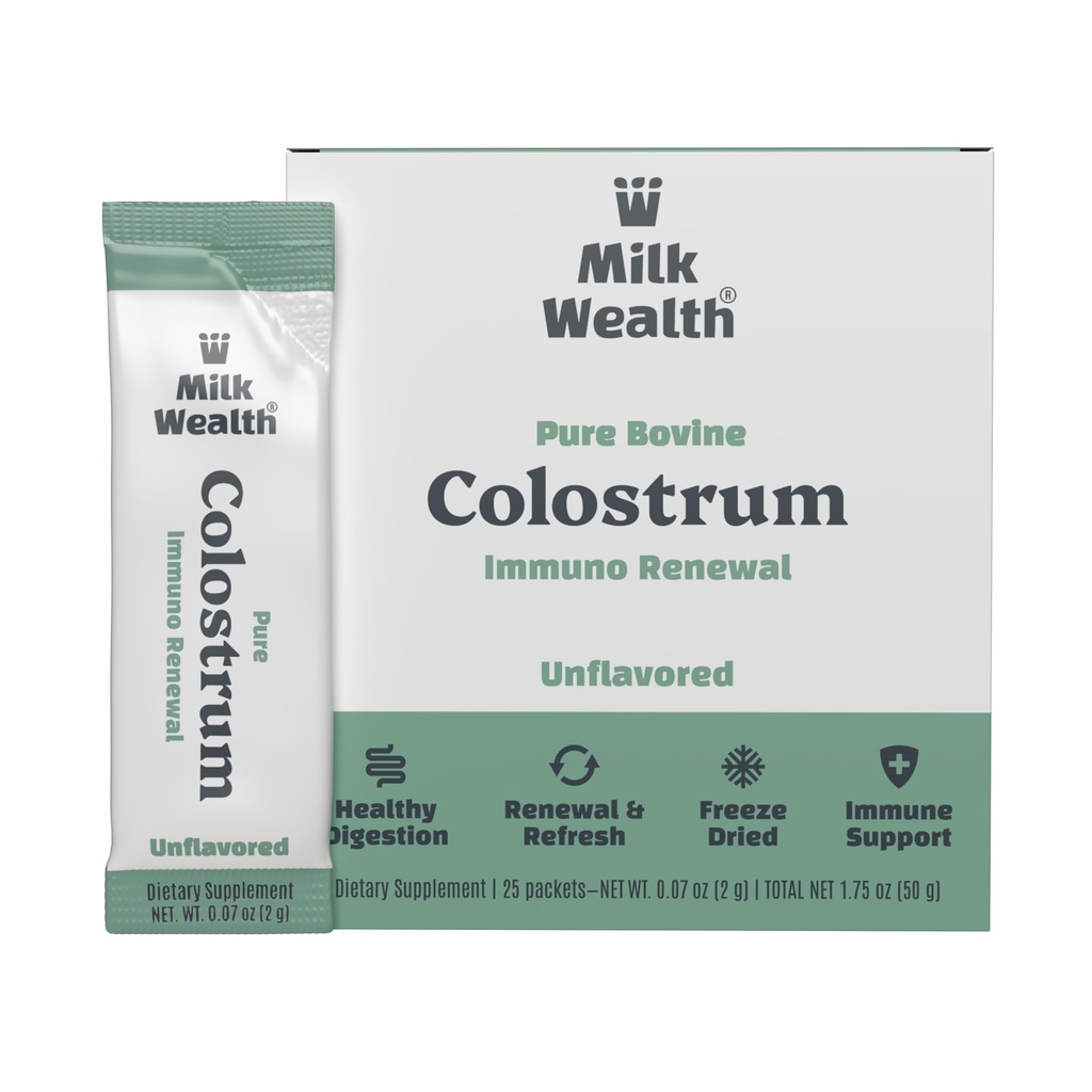 Pure Bovine Colostrum Unflavored, Freeze- Tørret, immunforsvar, Superfood med næringsstoffer, Ingen tilsætningsstoffer Ingen konserveringsmidler, 25 Serveringspakker (2 Bedste i hver pakke) Nettovægt 50g