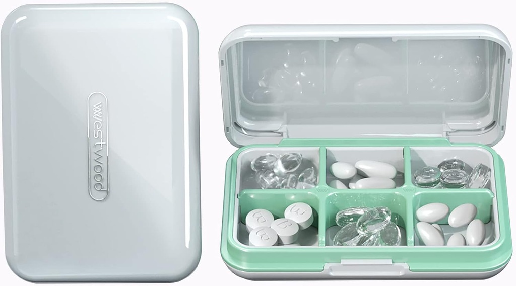 Rejse Pill Organizer Fugt Vandtæt Lille Pill Box til Pocket Purse 6 Compartments Portable Pill Case Medicine Vitamin Holder Container (Hvid, 6 Compartments)