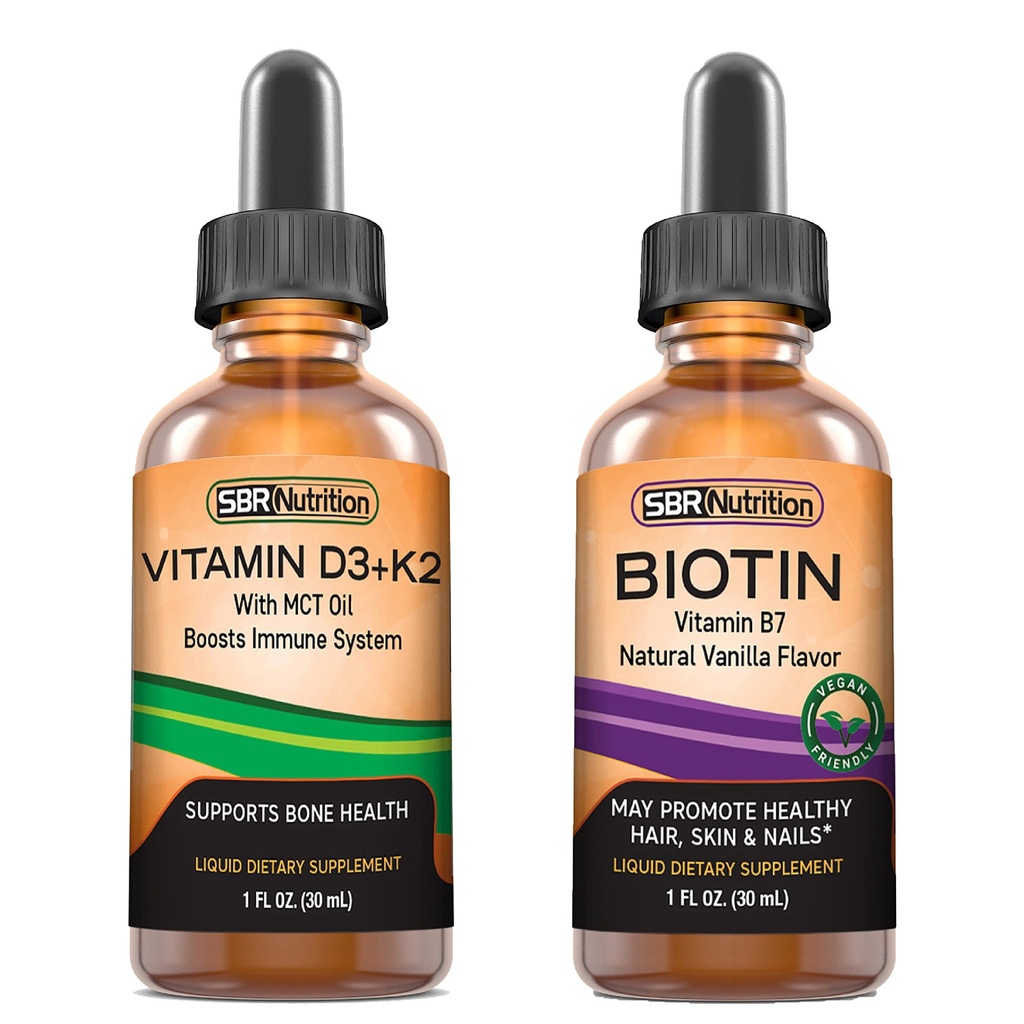 SBR Nutrition D3 + K2 og biotin Bundle Vitamin D3K2 (MK7) Flydende dråber, pebermynte, 1oz - 124; Biotin - 5000mcg Flydende dråber, Vanilla - 2oz - 124; For voksne & Kids - 124; Non- GMO, Gluten Free