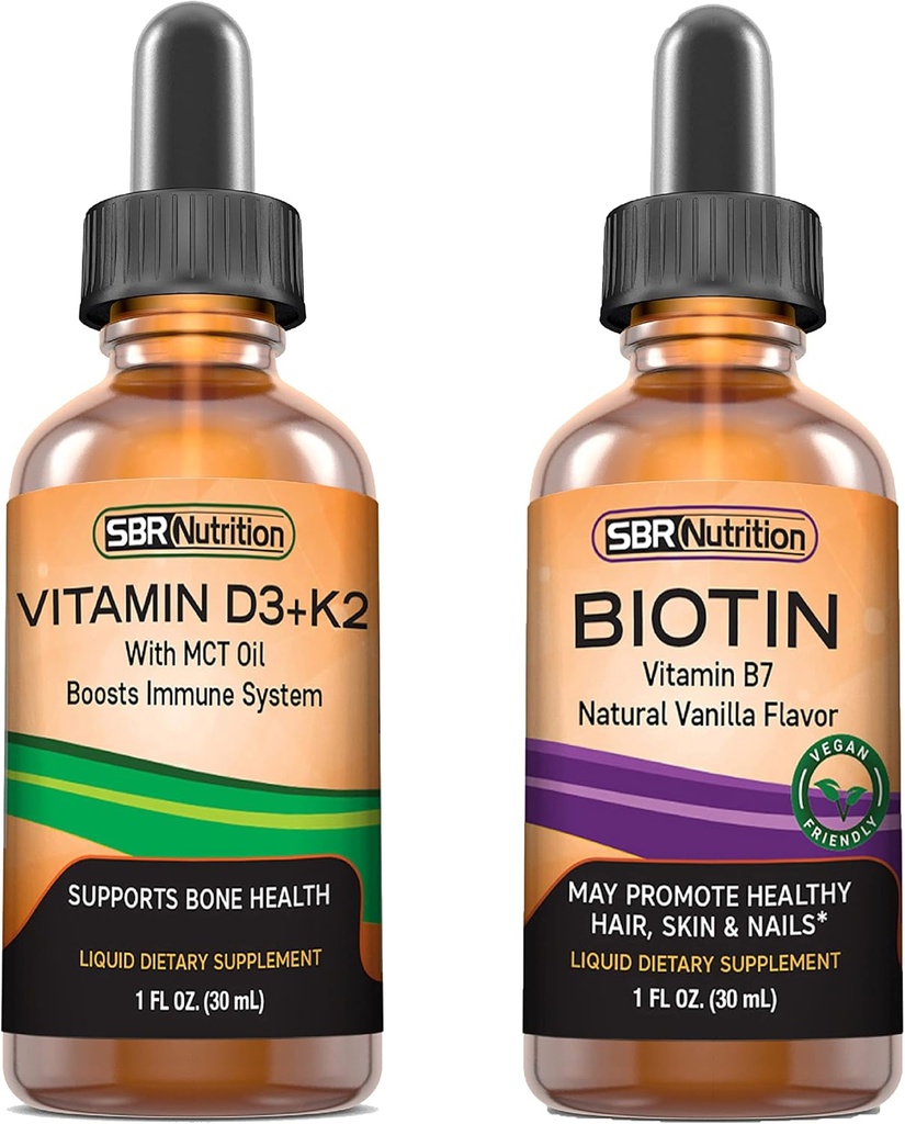 SBR Nutrition D3+K2 and Biotin Bundle Vitamin D3K2 (MK7) Liquid Drops, Peppermint, 1oz | Biotin 5000mcg Liquid Drops, Vanilla 2oz | for Adults & Kids | Non-GMO, Gluten Free