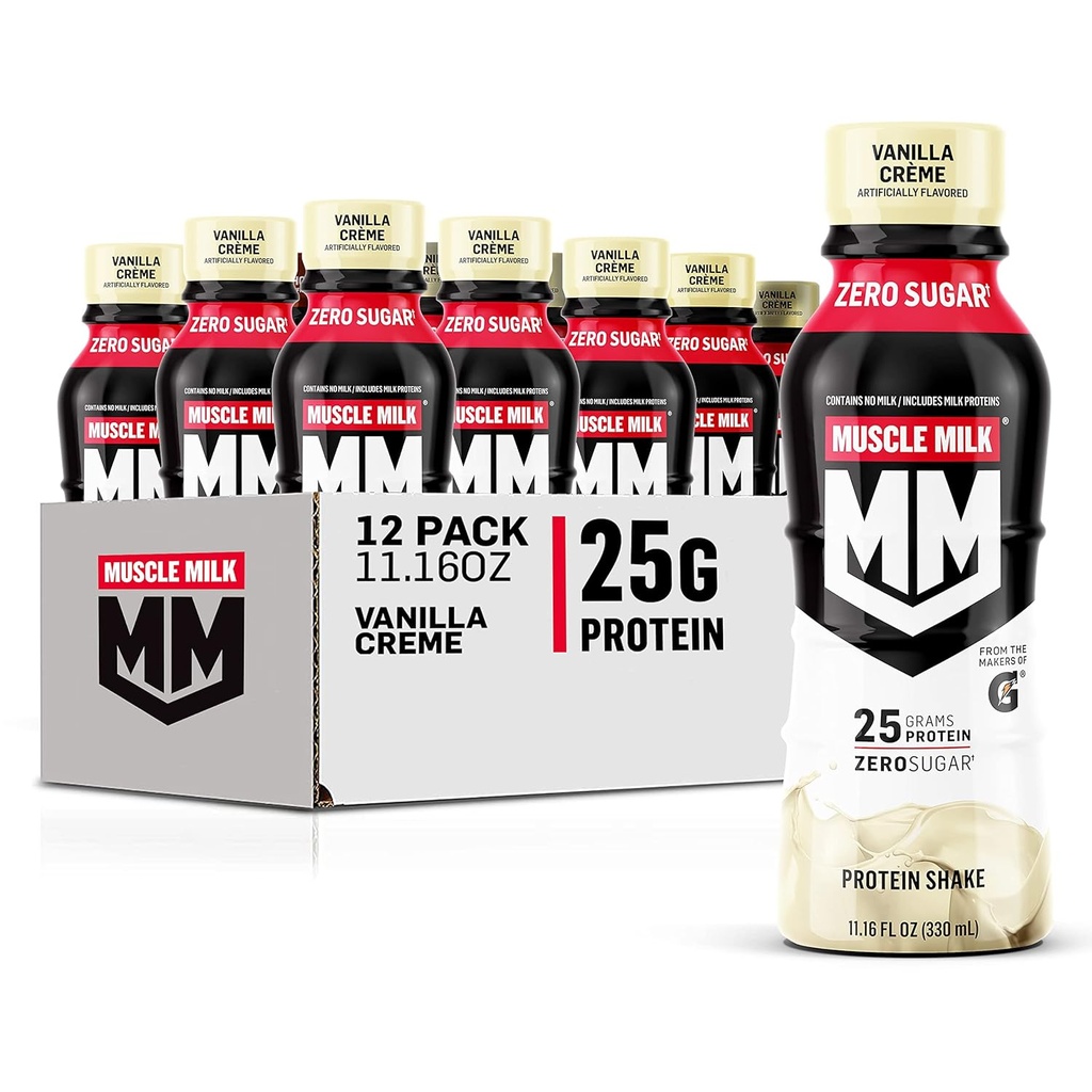 Muskelmælk Ægte Protein Shake, Vanilla Creme, 11.16 Fl Oz Flaske, 12 Pack, 25g Protein, Zero Sugar, Calcium, Vitamin A, C & D, 5g Fiber, Energigivende Snack, Workout Inddrivelse, Packaging May Vary