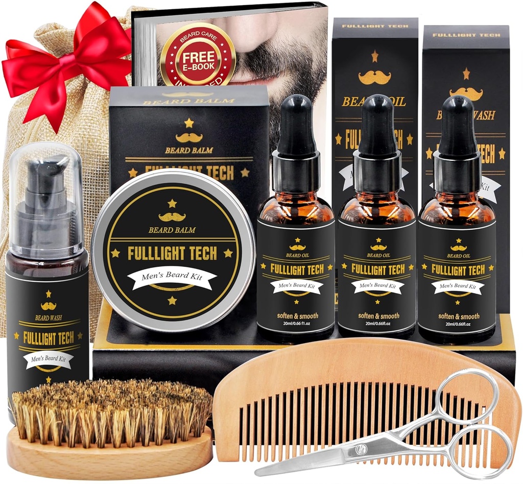 Beard Kit til mænd Grooming & Care W / 3 Pack Beard Oil, Wash, Balm, Comb, Brush, Saks, Anniversary Valentines Fødselsdag Fadergaver Idé til Mand ham Kæreste far Mænd Jule Stuffers