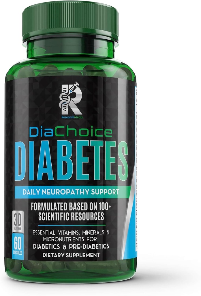 DiaChoice Nespathy Support med Alpha Lipoic Acid 600 mg, at Fortify Nerve Sundhed & Support Sund Nerve Funktion, ALA, Co Q10, Magnesium, Zink, Vitaminer B12, B9, B6, B3, B2, B1, D, C, E & 5 mere