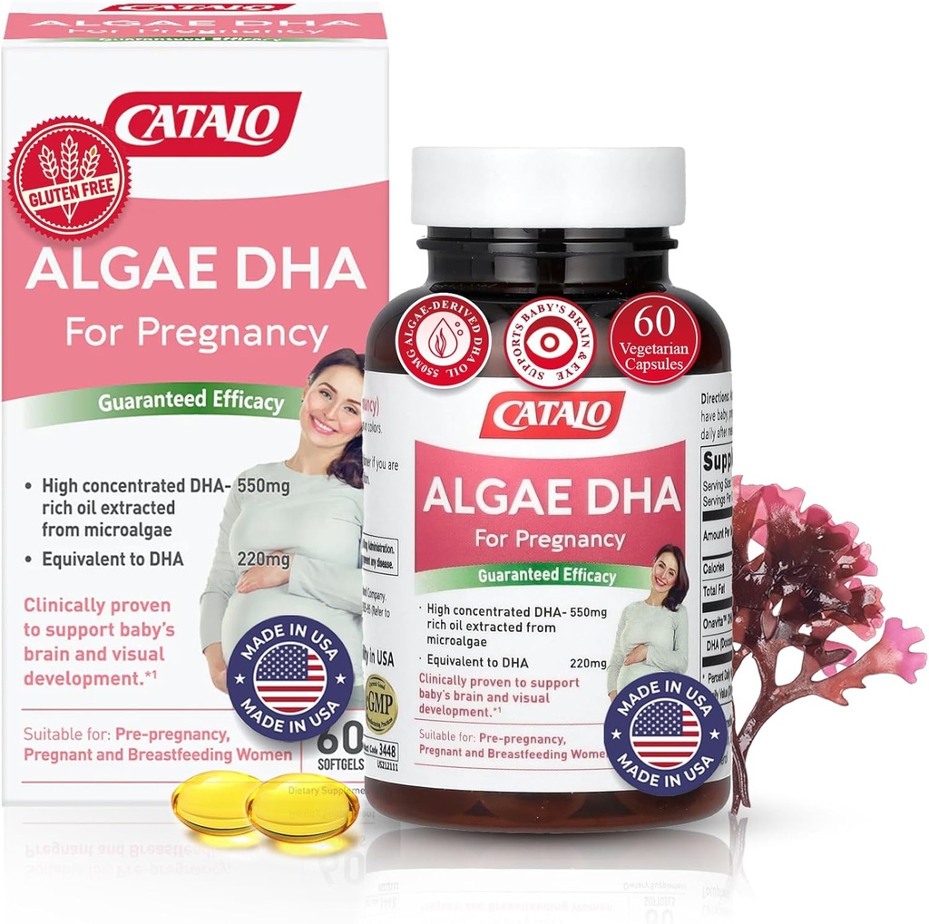 CATALO Omega 3 Alger DHA til kvinder - 550mg DHA- Rich Oil fra mikroalger, Ideel til Prenatal, Graviditet & Amning, Vegetarisk Softgels, Gluten- Free - 60 Softgels