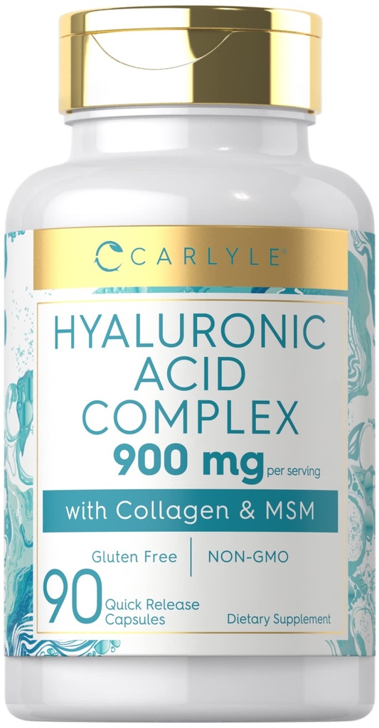 Carlyle Hyaluronic Acid Complex 900 mg 3, med kollagen og MSM 12, 90 Kapsler 124, Non- GMO, Gluten Free Supplement