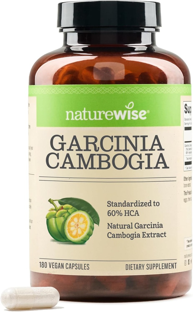 Naturewise Garcinia Cambogia - 60% HCA Concentration Extract, Natural Support for Weight Goals and Energy Nivels - Vegan, Non- GMO, Gluten Free - 180 Kapsler [2-6 Måned Supply]