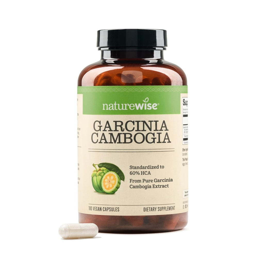 Naturewise Garcinia Cambogia - 60% HCA Concentration Extract, Natural Support for Weight Goals and Energy Nivels - Vegan, Non- GMO, Gluten Free - 180 Kapsler [2-6 Måned Supply]