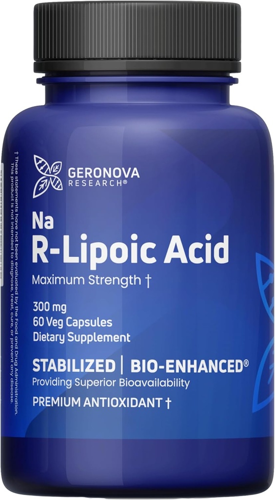 Geronova Research Bio- Enhanced R- Lipoic Acid, 300 mg kapsler - 2 måneders forsyning - Stabilized R Alpha Lipoic Acid with Enhanced Absorption - R Lipoic Acid Supplement - 60 Tæl