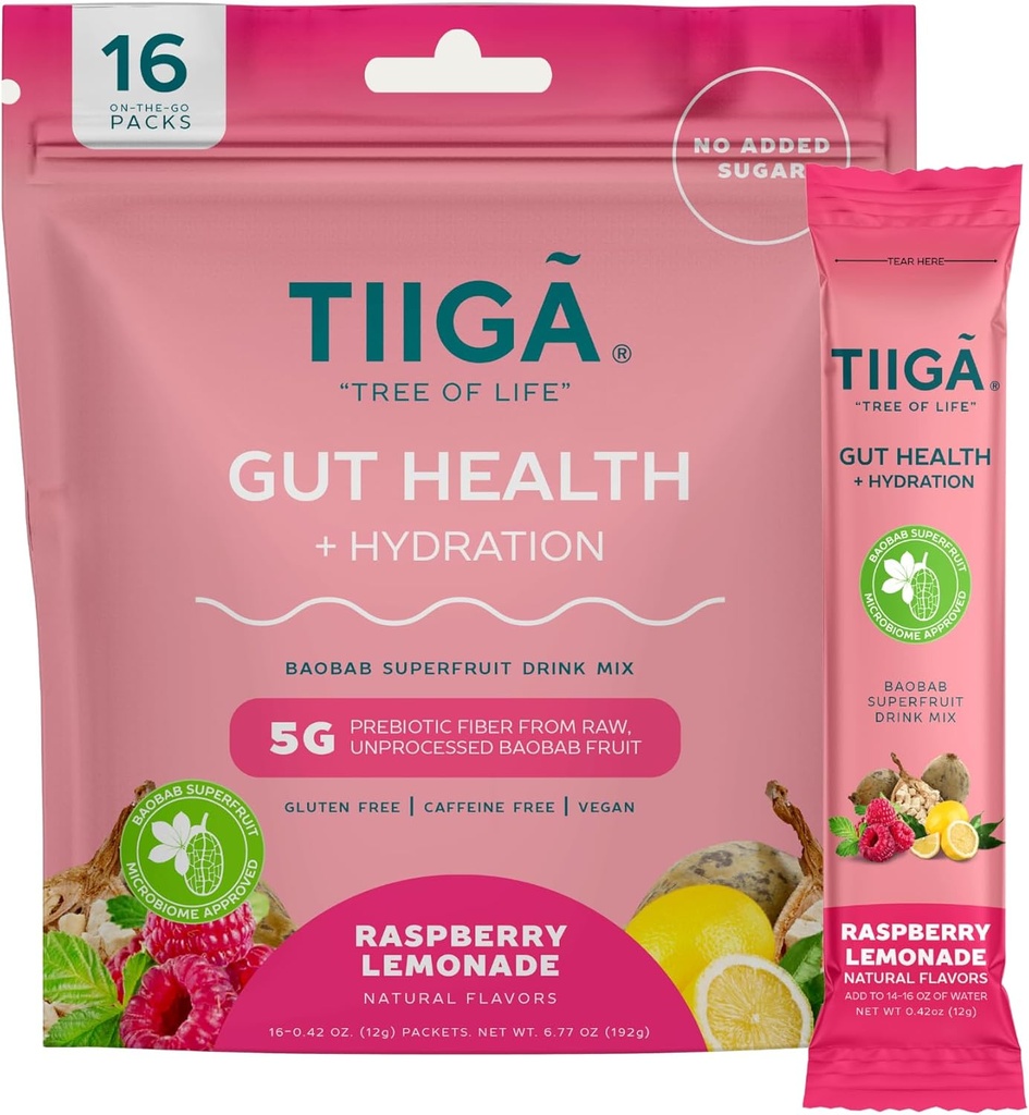 Tiiga Gut Health + Hydration Drink Mix - 7g Baobab, 5g Prebiotic Fiber, Electrolytes, No Dairy, Vegan, Ingen tilsat sukker, fordøjelse, regelmæssighed, & Forstoppelse - 16 Serveringer