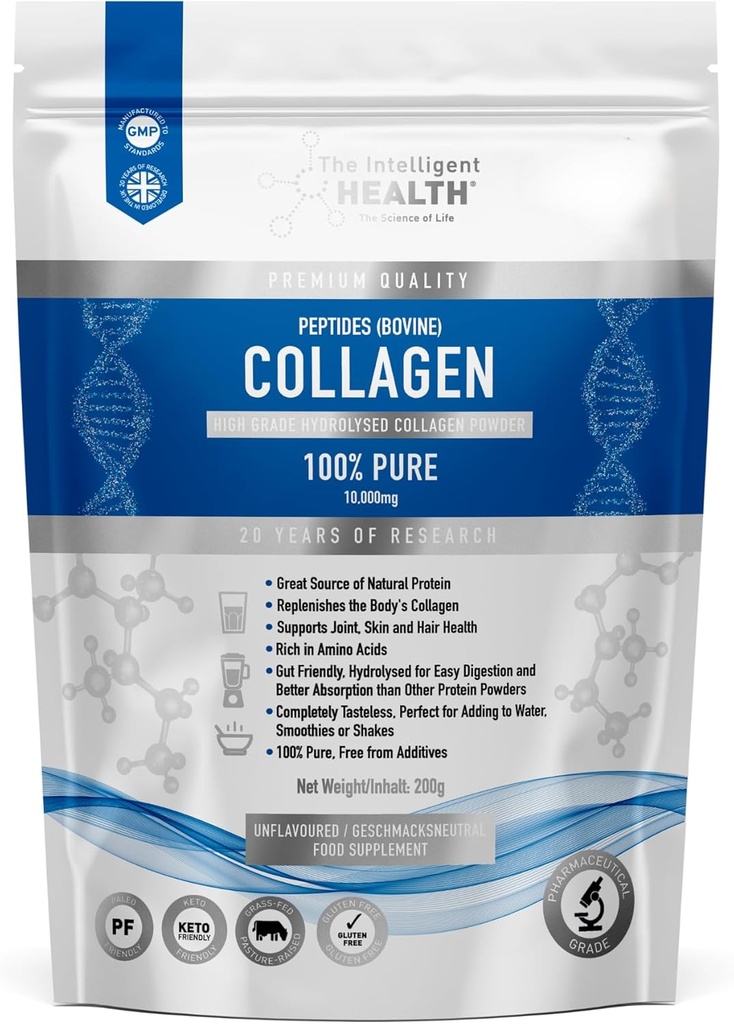 Den Intelligente Sundhed Hydrolyzed Collagen Peptider Powder, Grass Fed, High Protein, Unflavored, Gluten- Free, Paleo & Keto Friendly, 10g pr Servering (200g) Understøtter hud, hår, negle, joints, & Bones