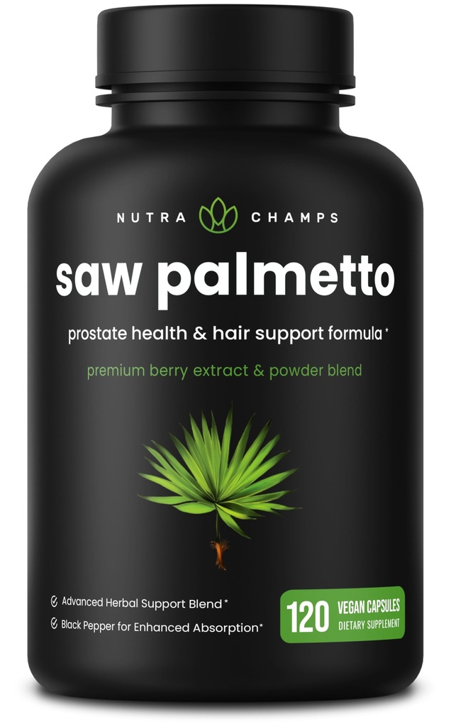 NutraChamps Saw Palmetto Supplement for prostata sundhed [ekstra styrke] 600mg Kompleks med ekstrakt, Berry pulver & urter - Understøtter sund vandladning Frekvens, 120 kapsler