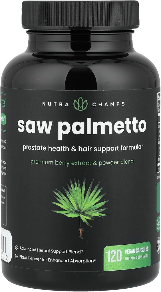 NutraChamps Saw Palmetto Supplement for prostata sundhed [ekstra styrke] 600mg Kompleks med ekstrakt, Berry pulver & urter - Understøtter sund vandladning Frekvens, 120 kapsler