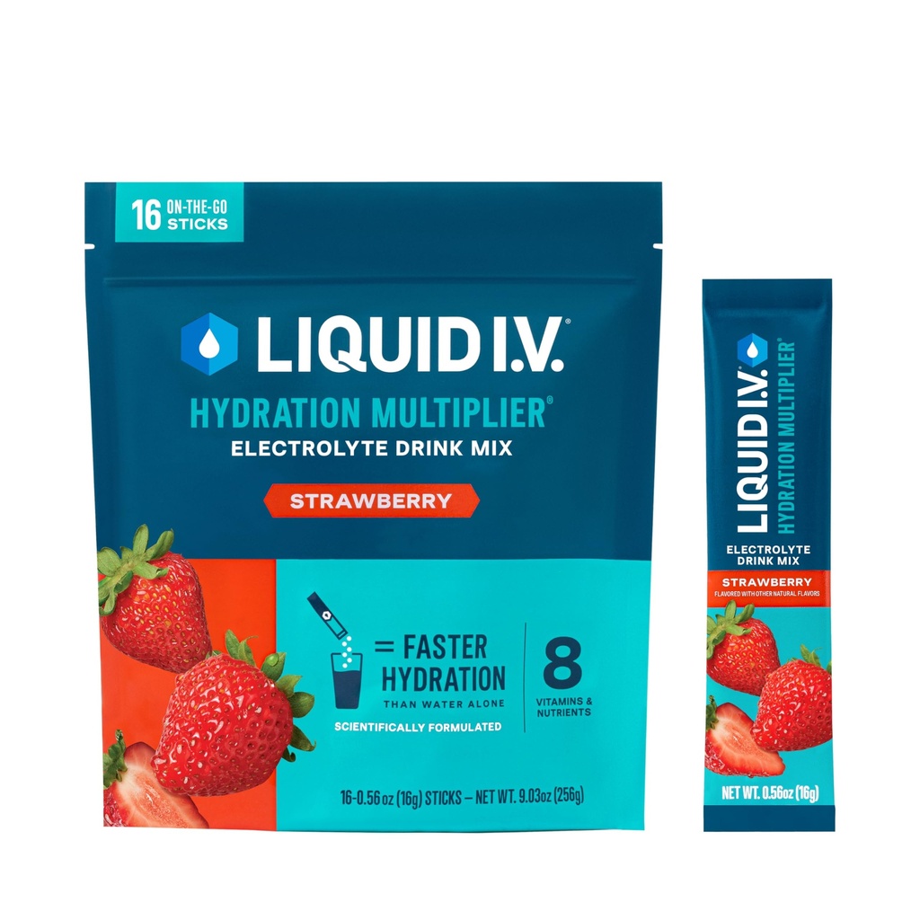 Flydende I.V. ® Hydration Multiplier - Strawberry Name 124; Elektrolyte Powder Drink Mix Blandet 124; 1 pakke (16 Servere)