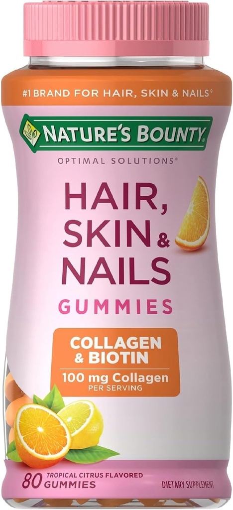 Naturens Bounty Hår, Hud & Nails med Biotin og Collagen, Understøtter Hår Hud og Nail Sundhed, 2500 mcg, Citrus Flavored Gumies, 140 Ct