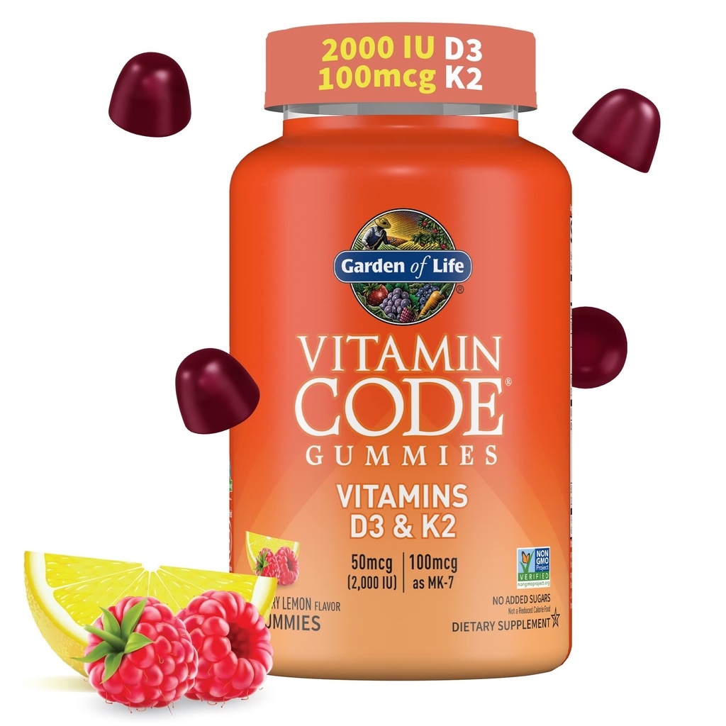 Have of Life Vitamin Code D3 & K2 Gummies med Prebiotika og Probiotika - Knoglesundhed, immunforsvar, og fordøjelsesstøtte, Non- GMO, Gluten- Free, Raspberry Lemon Flavor, 45 Gummies