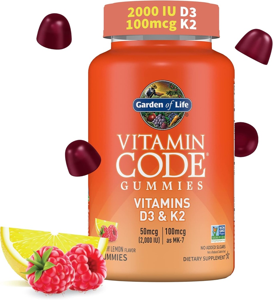 Vitamin D3 + K2 Gummier med Prebiotika & Probiotika til fordøjelse, 2000 IE D3 + 100 mcg K2 for ben & immunforsvar for voksne, Vitamin Code, Non- GMO, Gluten- fri, 45 Raspberry Lemon Gummies