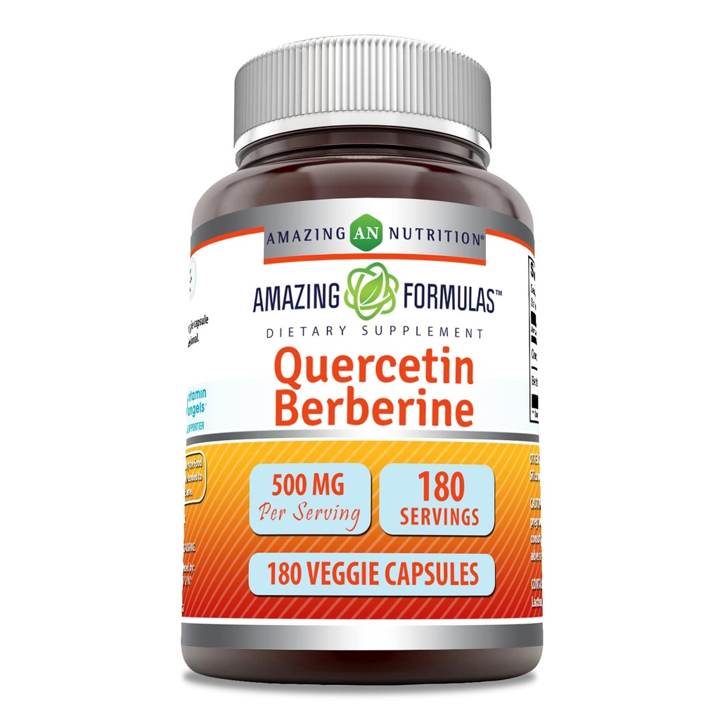 Amazing Formulas Quercetin Berberine - 250mg Berberine og 250mg Quercetin, 180 Veggie Kapsler Supplement 124; Non- Gluten Free Memories 124; Lavet i USA; Ideel til vegetarer