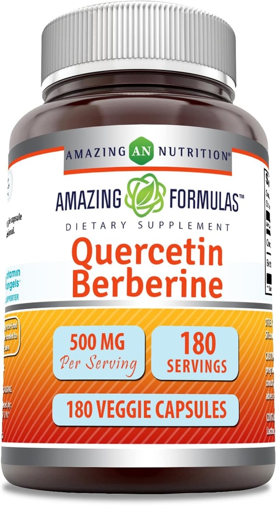 Amazing Formulas Quercetin Berberine - 250mg Berberine og 250mg Quercetin, 180 Veggie Kapsler Supplement 124; Non- Gluten Free Memories 124; Lavet i USA; Ideel til vegetarer