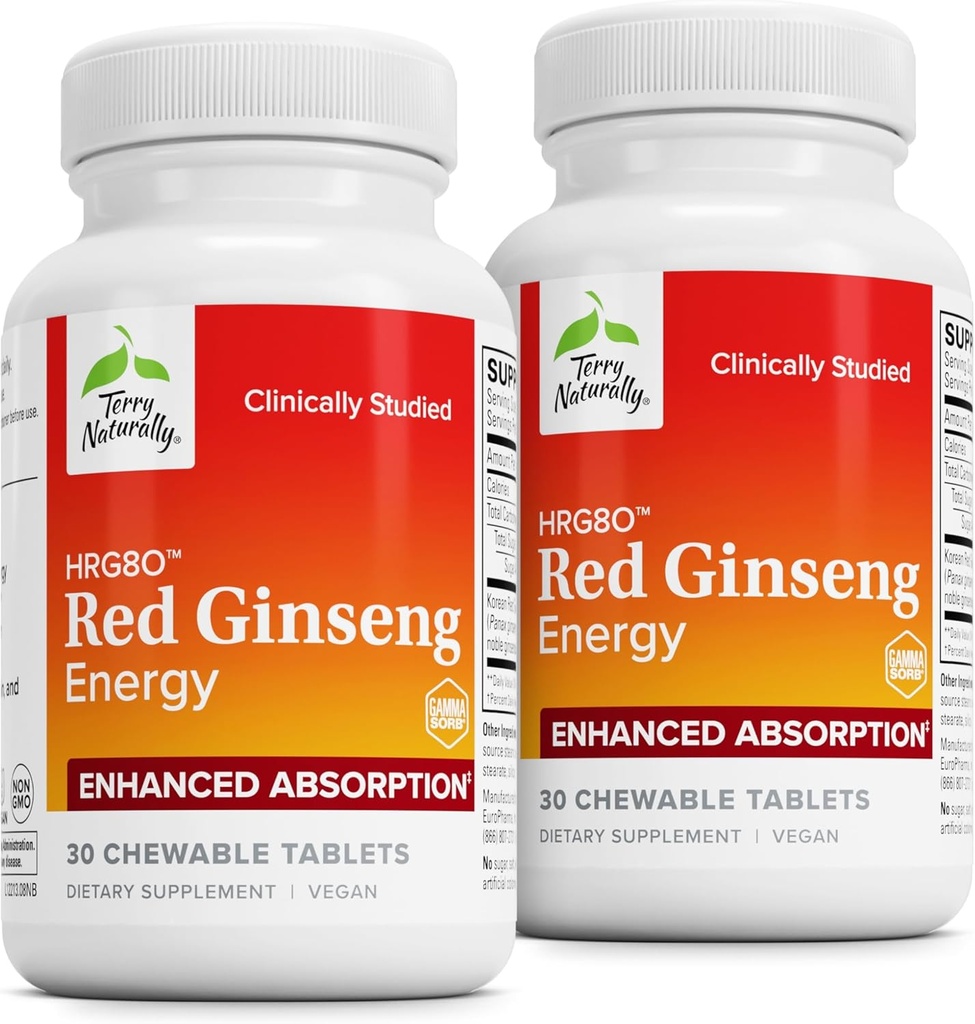 Terry naturligt HRG80 Red Ginseng Energy - Support Sund Energi & Fokus - Urtetilskud med koreanske røde Ginseng Root Powder - Tablets to Aid Sund Endurance - 30 Chewable Tablets (Pack of 2)