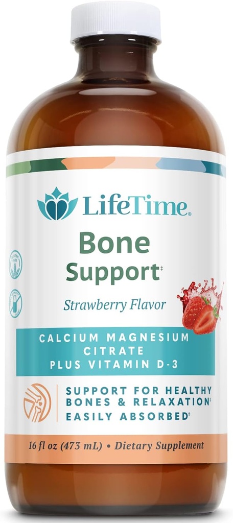 Lifetime Bone Support, Calcium Citrate, Magnesium Citrate og Vitamin D-3, Afslapning, Bone og Muscle Support Formel, Easy Absorption, Made without Dairy and Gluten Free, Strawberry Flavor, Ca. 32 Servering, 16 FL OZ