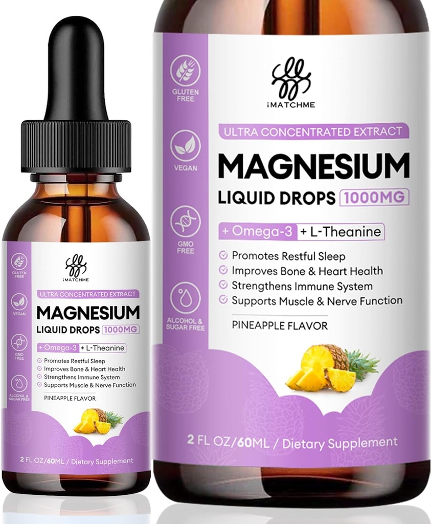 Magnesiumkompleks, magnesiumglycinat, oxid, taurat og citrat flydende dråber til ben, hjerte, muskel, immunforsvar, energi, dvaletilstand og fordøjelse, høj absorption, sukkerfri ananas, 2 Fl Oz