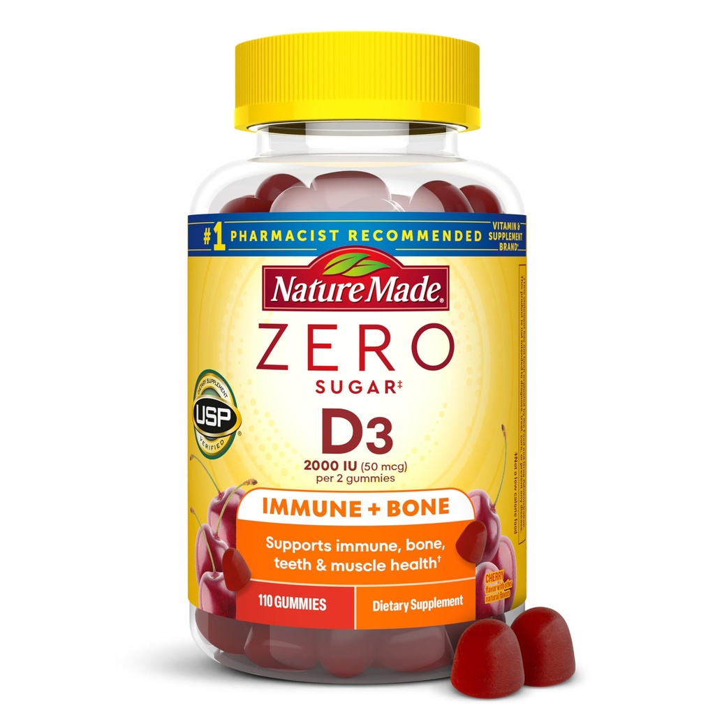 Nature Made Zero Sugar Vitamin D3 Gummies 2000 IE (50 mcg) Per Serving, Bone & immunsupport, Aspartam Free, 110 Vitamin D Gummies, 55 dages forsyning