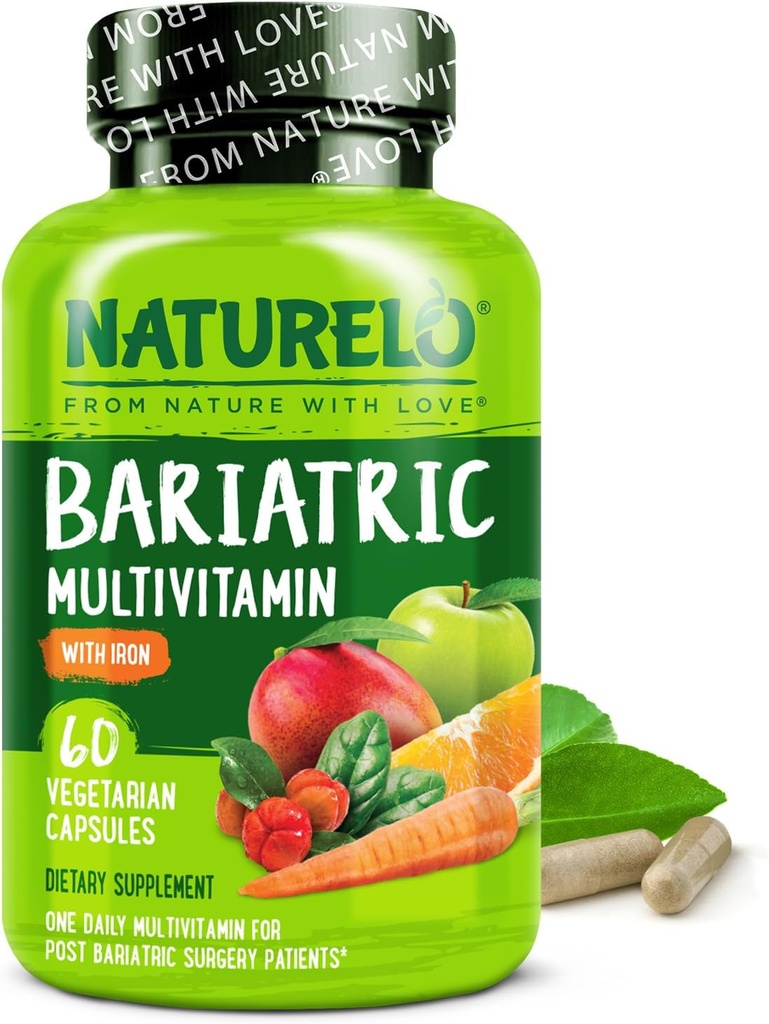 NATURELO Bariatric Multivitamin - En daglig med jern - supplement til Post Gastric bypass Kirurgi Patienter - Natural Whole Food Nutrition - 60 Veggie kapsler