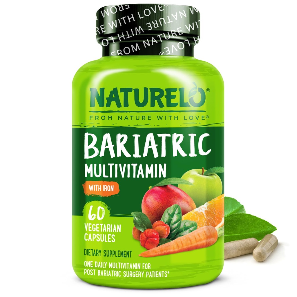 NATURELO Bariatric Multivitamin - En daglig med jern - supplement til Post Gastric bypass Kirurgi Patienter - Natural Whole Food Nutrition - 60 Veggie kapsler