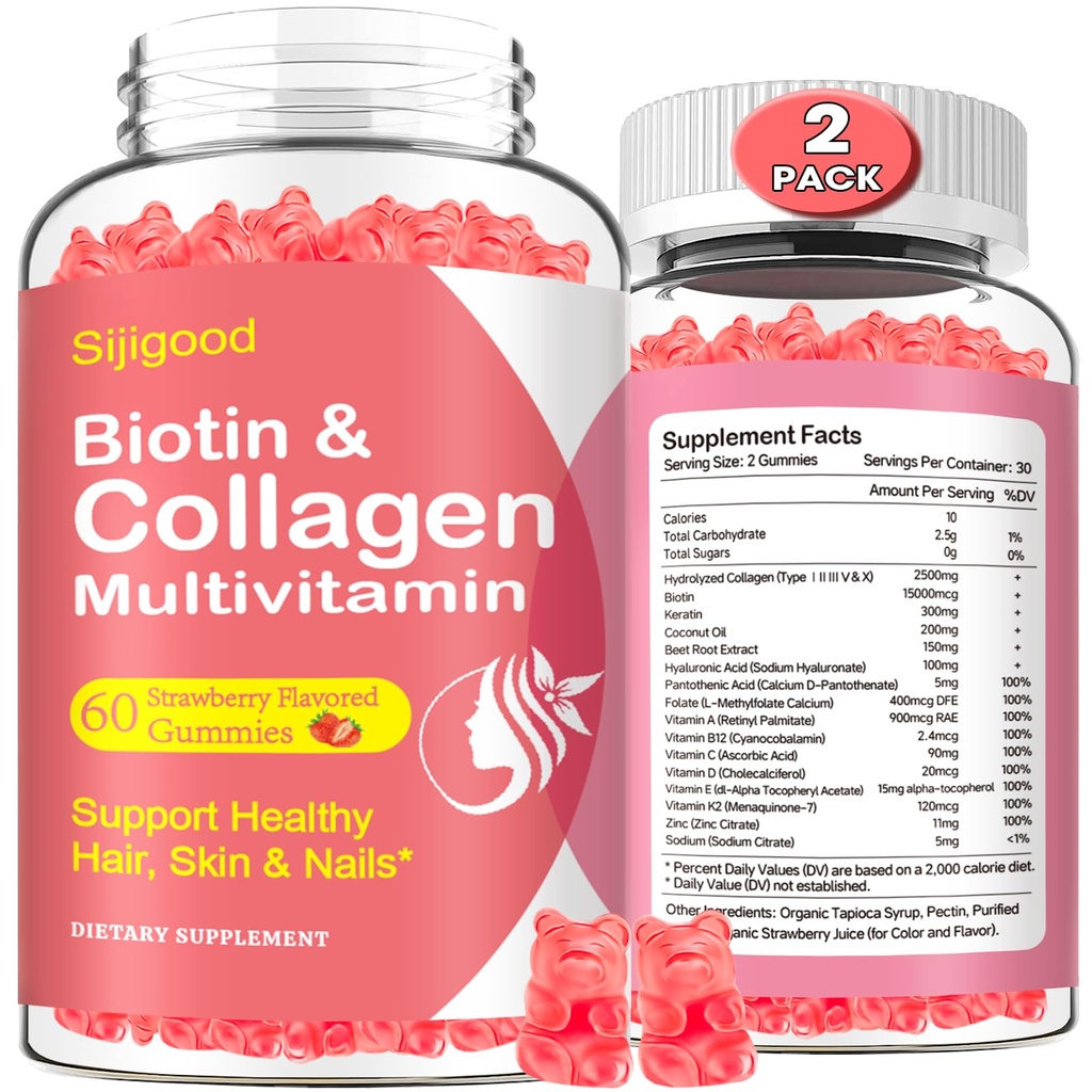 2 Pack Collagen Gummies for kvinder Mænd, Hydrolyzed Collagen Peptider Type I, II, III, V, X med Biotin & Hyaluronic Acid, Vitaminer C A D E B12 K2 Support, Sugar- Free for Hir Nails Immunity Energy