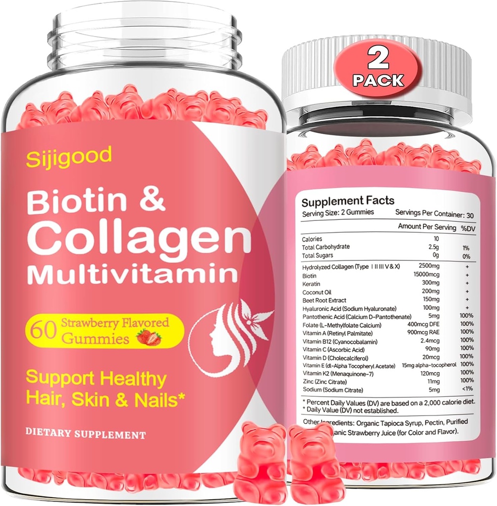 2 Pack Collagen Gummies for kvinder Mænd, Hydrolyzed Collagen Peptider Type I, II, III, V, X med Biotin & Hyaluronic Acid, Vitaminer C A D E B12 K2 Support, Sugar- Free for Hir Nails Immunity Energy