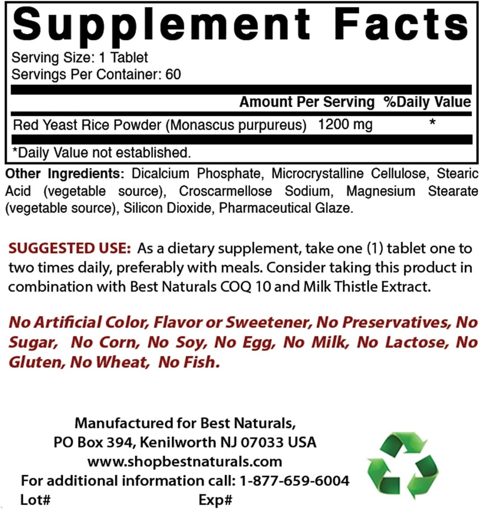 Bedste Naturals Red Yeast Rice 1200 Mg & Vitamin B- 12 6000 mcg