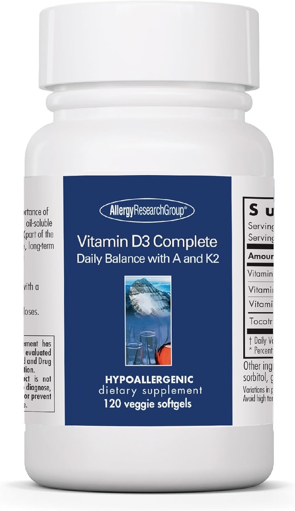 Allergy Research Group Vitamin D3 Complete - Vitamin D3 og K2 Supplement, Daglig balance, med vitamin A, DeltaGold Tocotrienols, High Potency, Veggie Softgels - 120 Greve