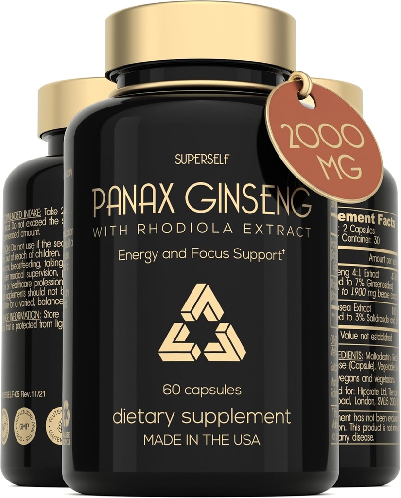 Panax Ginseng og Rhodiola Rosea 2000mg - Koreansk Ginseng Høje Styrke 60 Kapsler - Urtetilskud til mænd og kvinder - Energikompleks med Ginseng Root Extract Standardiseret 7% Ginsenosider - US Made