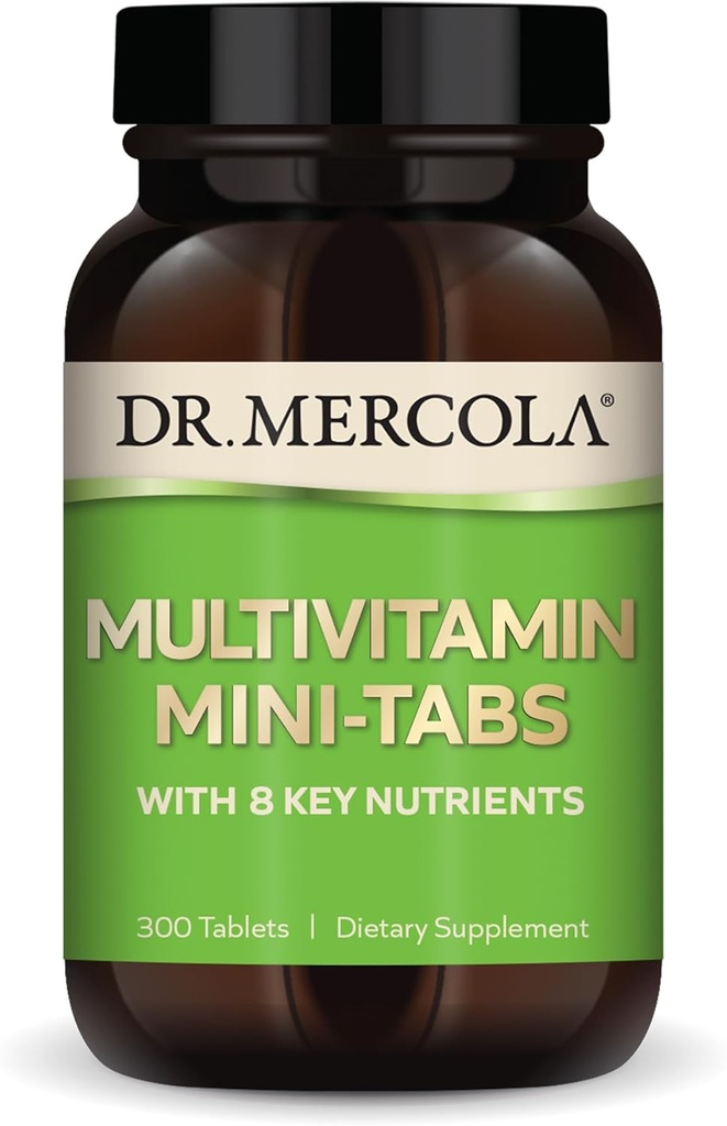Dr. Mercola Multivitamin Mini- Tabs, 30 Servering (300 tabletter), med 8 vigtige næringsstoffer, Kosttilskud, understøtter immunforsvar og hjernesundhed, non-GMO