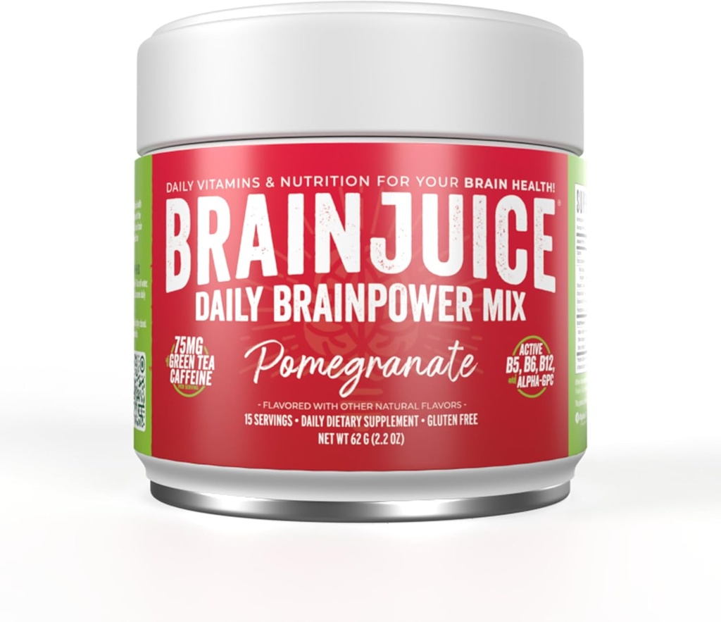 BrainJuice Nootropics Brain Support, Gluten Free Powder for Energy and Focus, Drink Mix med L Theanine, Alpha GPC, Vitamin B, Organic Green Tea Extract Koffein, Pomegranate, 15 Servere